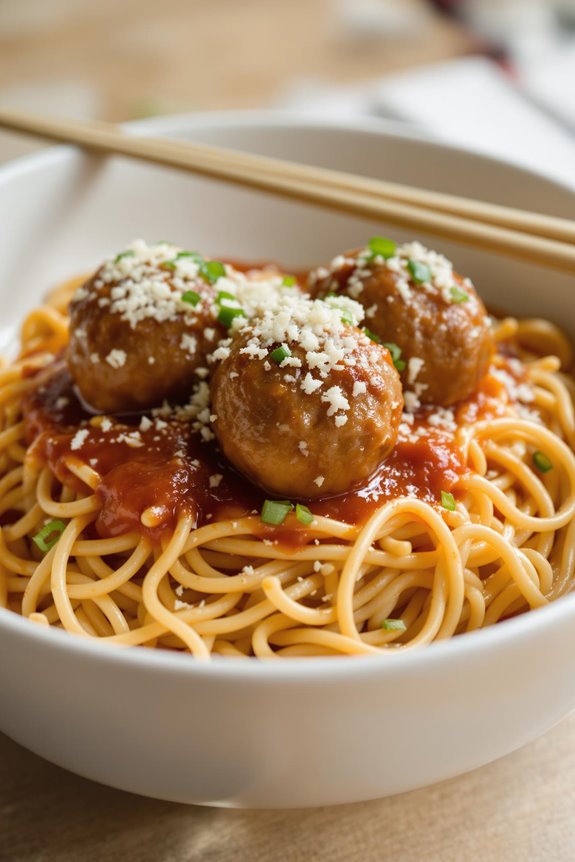 asian style meatballs with spaghetti